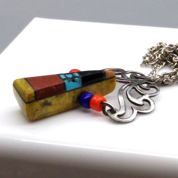 Vintage Stone Inlay Pendant with Jasper Base Sterling Silver Filigree Openwork - Picture 3 of 6